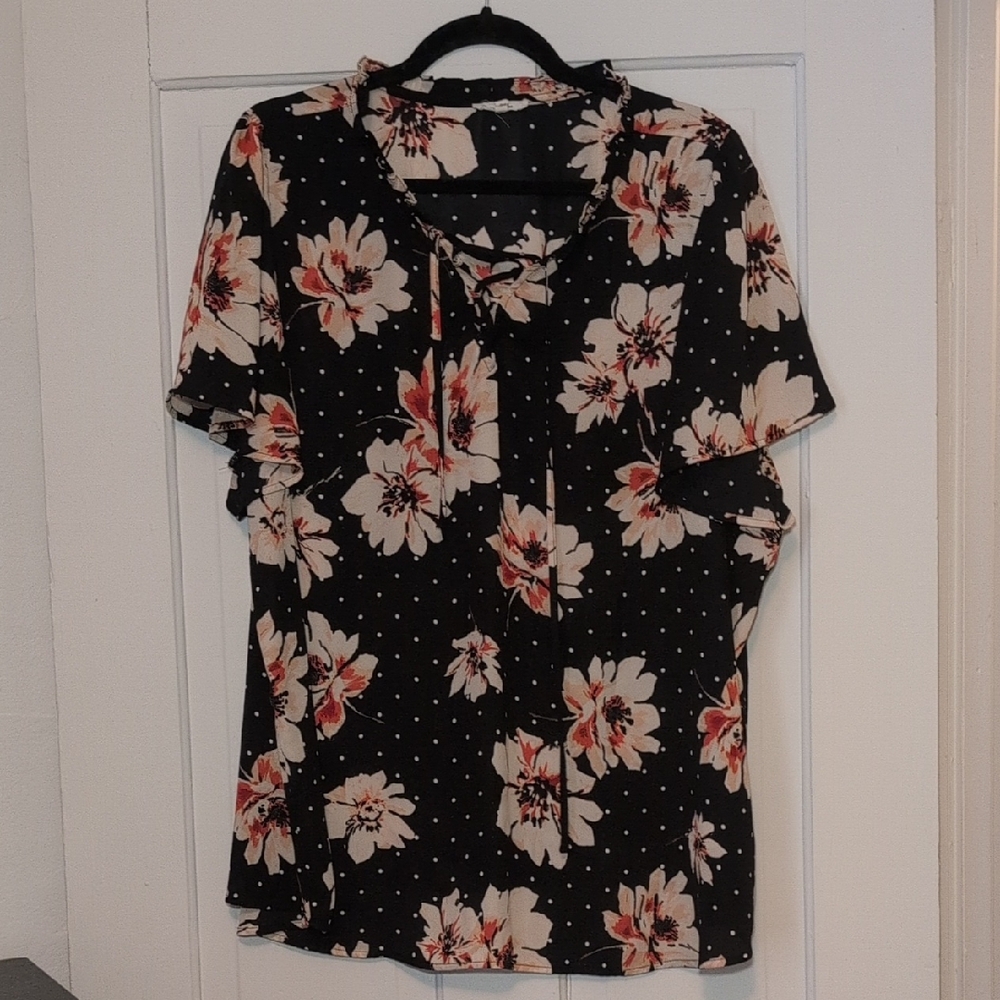 Maurices Black Floral Blouse with White and Pink Accents
